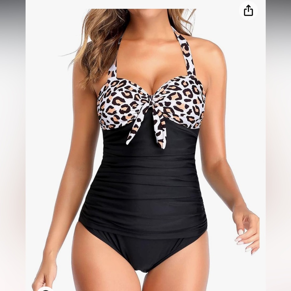 NEW one piece women’s swimsuit in black leopard print with tummy control cut out